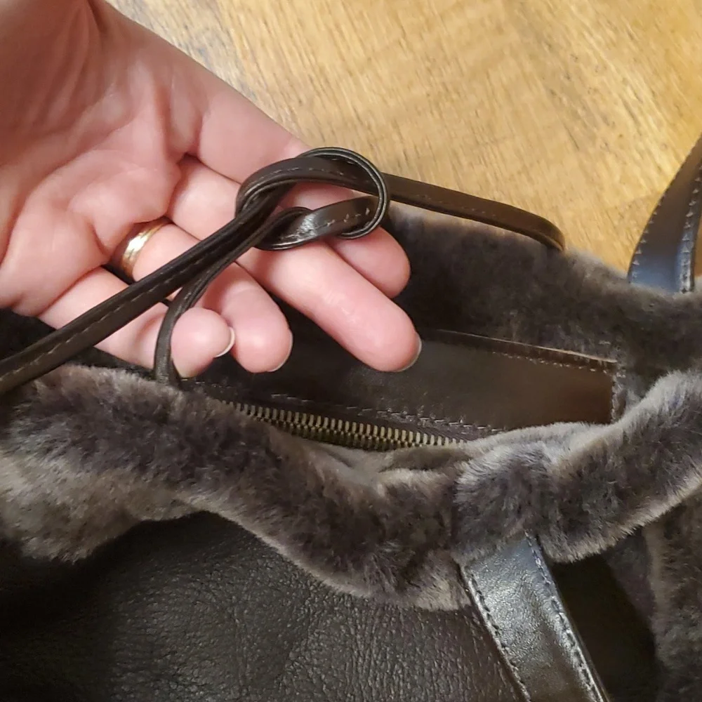 Aston New York Brown Leather Shearling Plush Tote Bag Shoulder‎ Purse